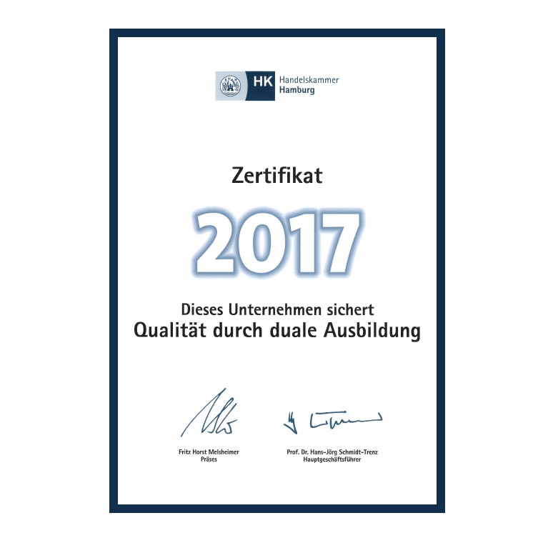 Logo – Zertifikat der Handelskammer Hamburg 'Dieses Unternehmen sichert Qualität durch duale Ausbildung'